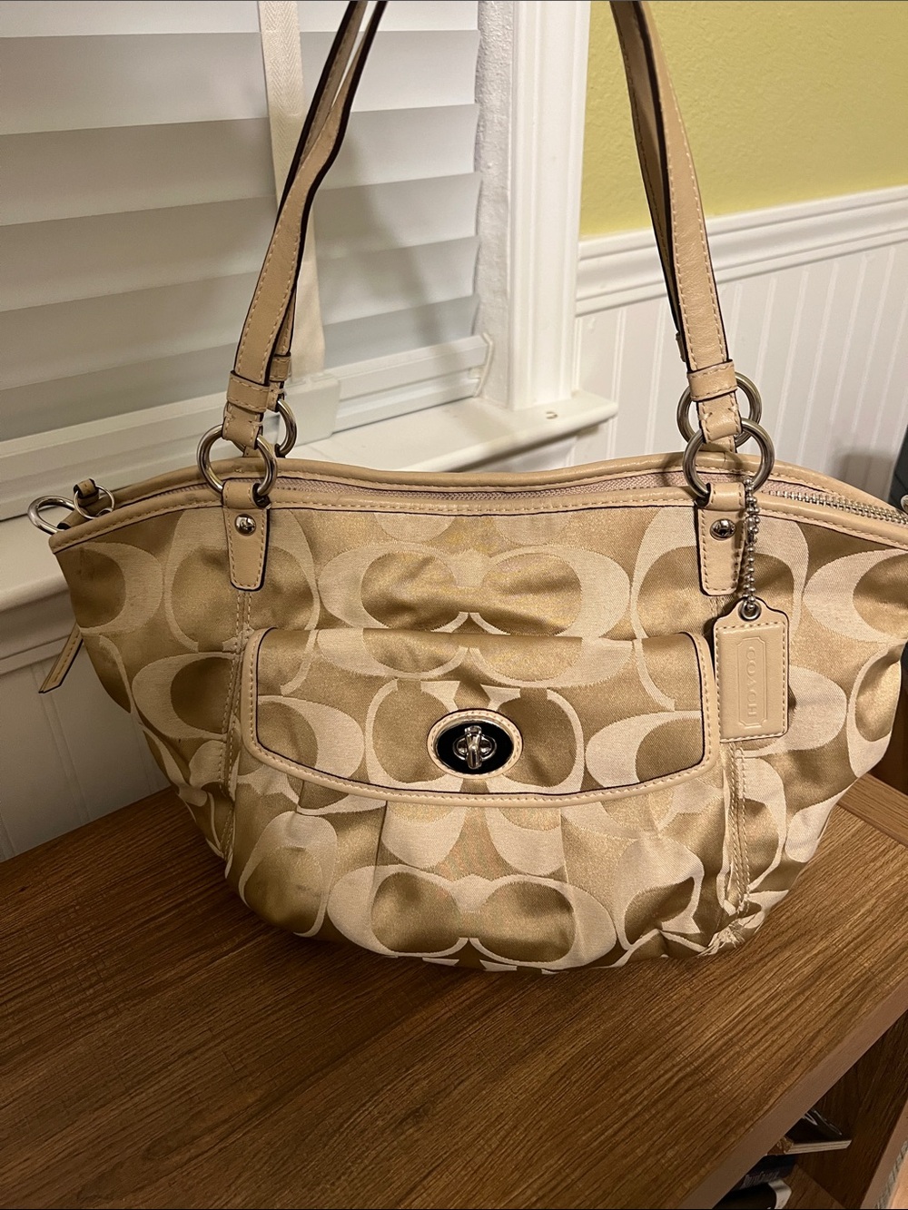 Coach Khaki and Chalk Signature Canvas Shoulder Bag